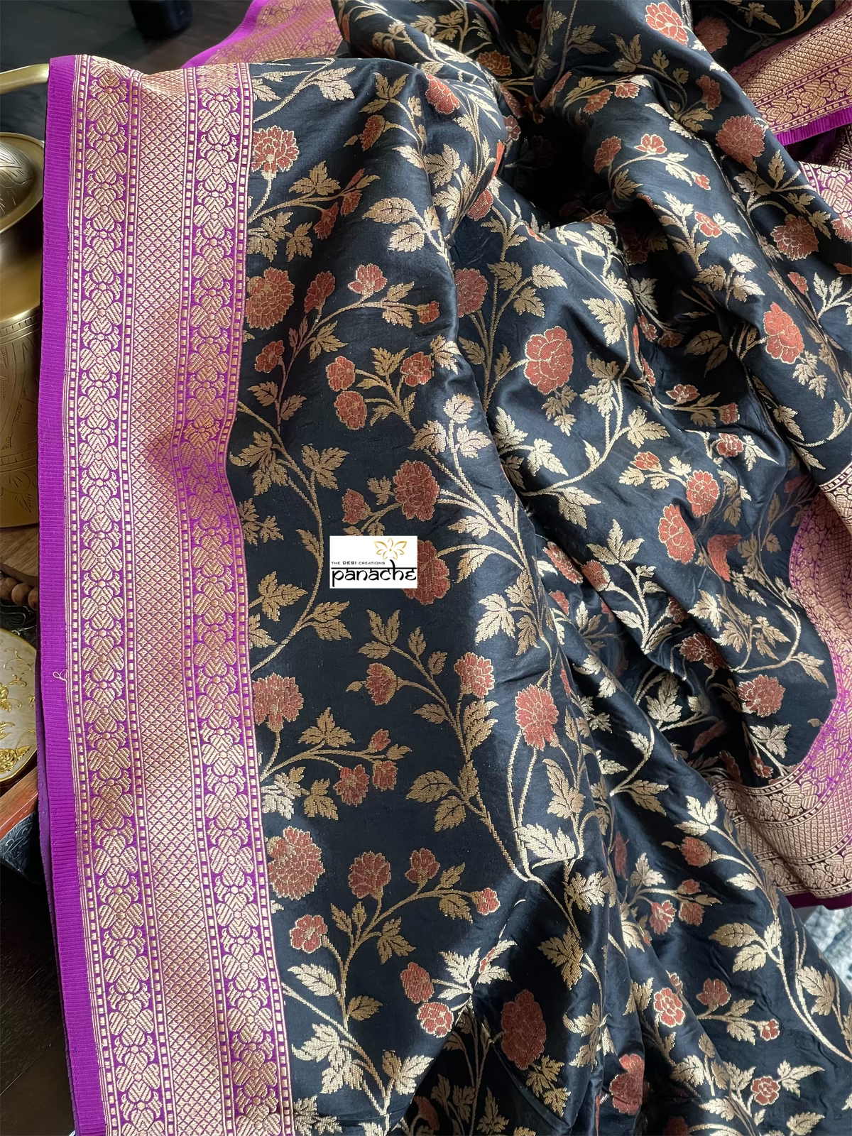 Pure Silk Jangla Banarasi - Black Magenta Purple Antique Golden Zari