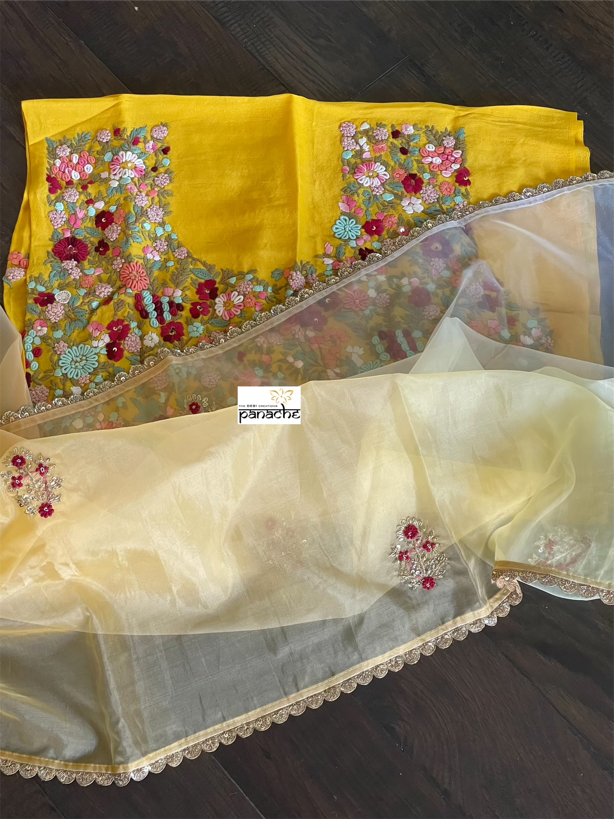 Designer Organza - Lemon Yellow mukaish Embroidered