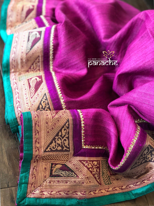 Designer Tussar Silk - Purple Banarasi Border