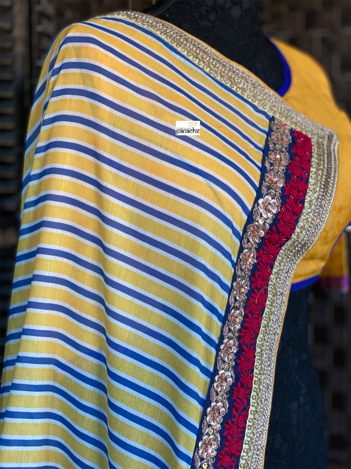 Muslin Soft Silk Printed - Blue Yellow Striped