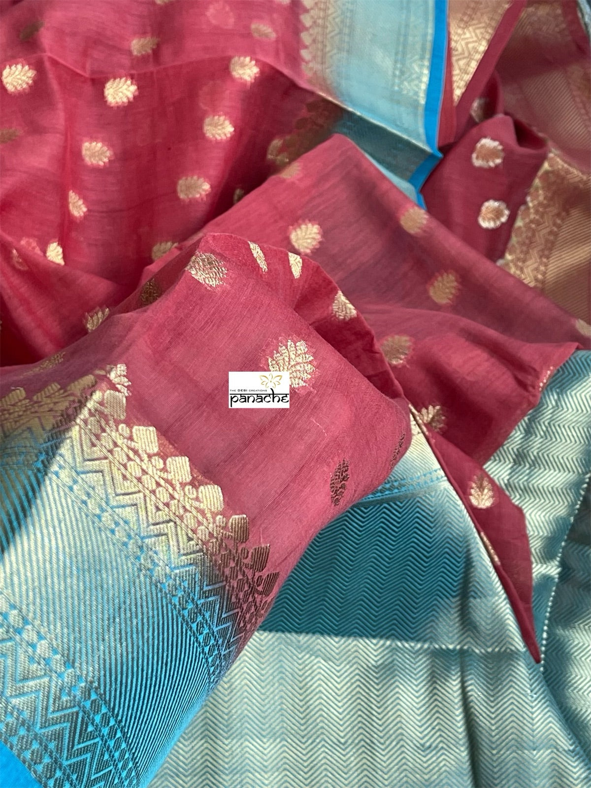Mulmul Cotton Banarasi - Raspberry Red Firozi Golden Zari