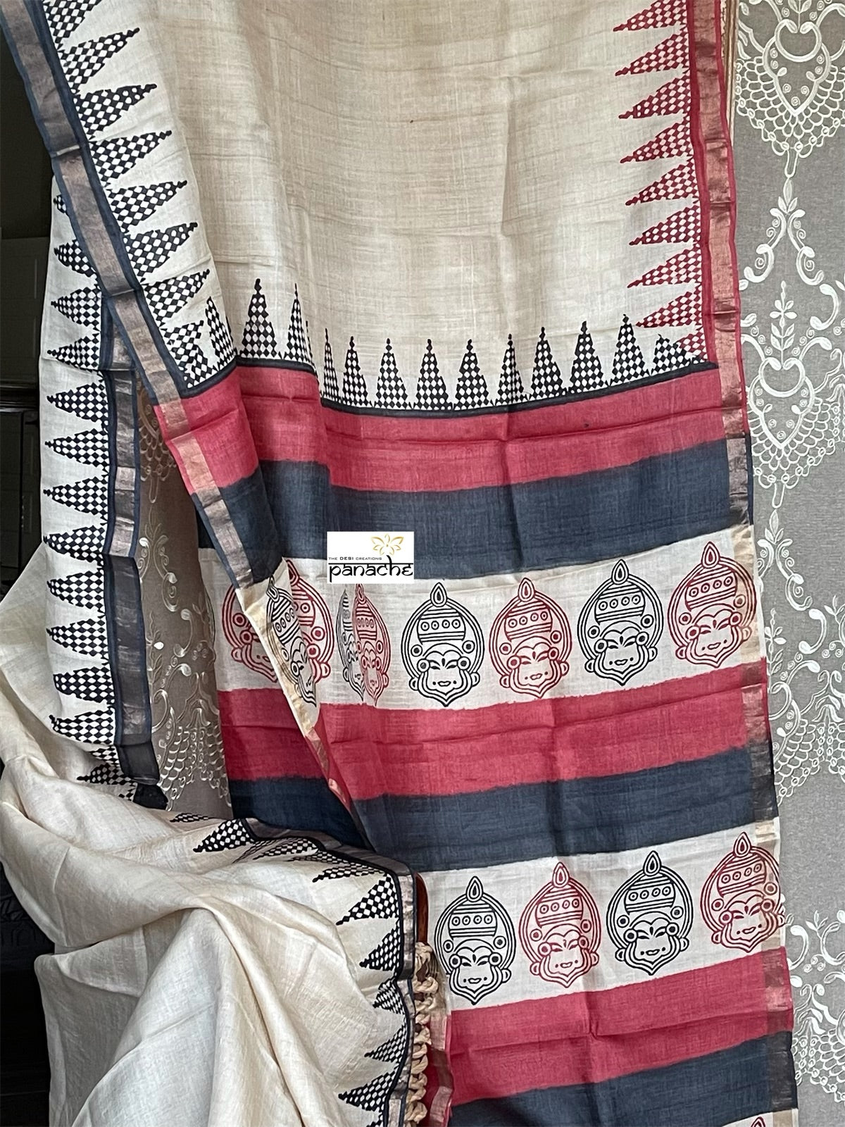 Pure Tussar Silk Printed -  Beige Red Black
