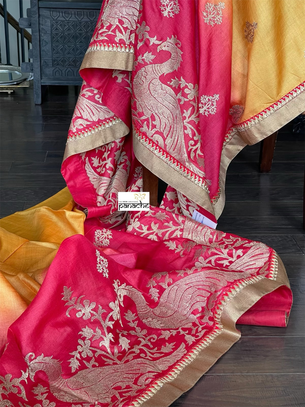 Designer Tussar Silk - Golden Yellow Raspberry Red