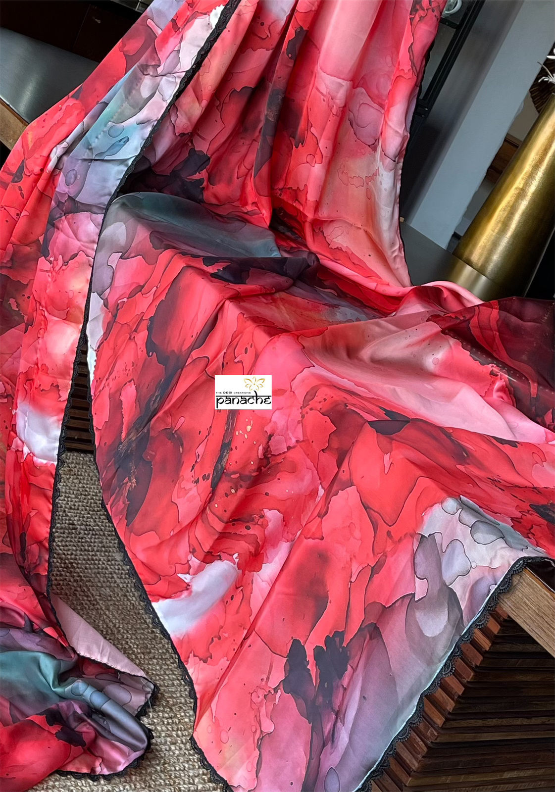 Designer Satin Silk - Red Grey Black