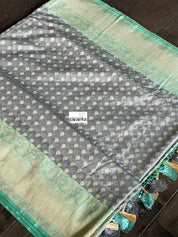 Pure Katan Silk Banarasi - Grey Sea Green Checkered
