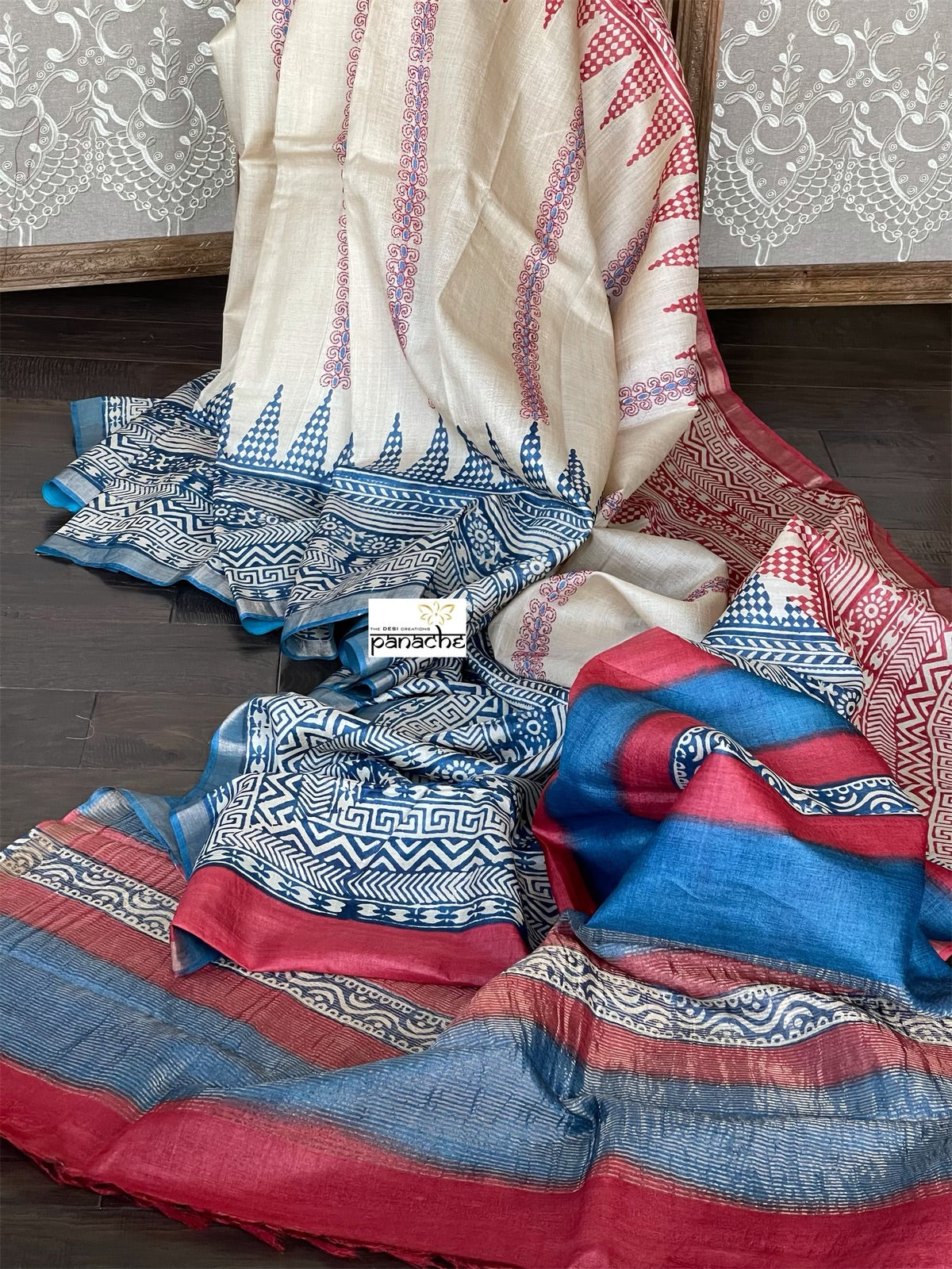 Printed Tussar Silk Kantha Stitch - Beige Blue Red