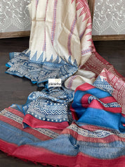 Printed Tussar Silk Kantha Stitch - Beige Blue Red