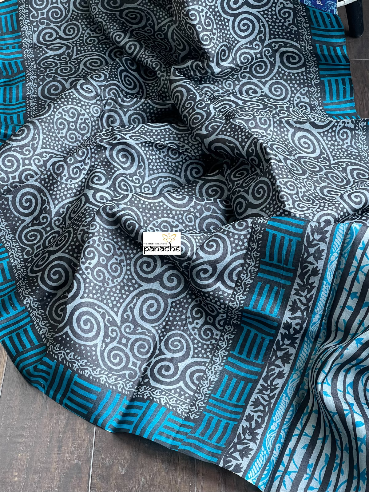 Pure Tussar Silk Printed -  Grey Black Firozi