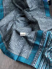 Pure Tussar Silk Printed -  Grey Black Firozi