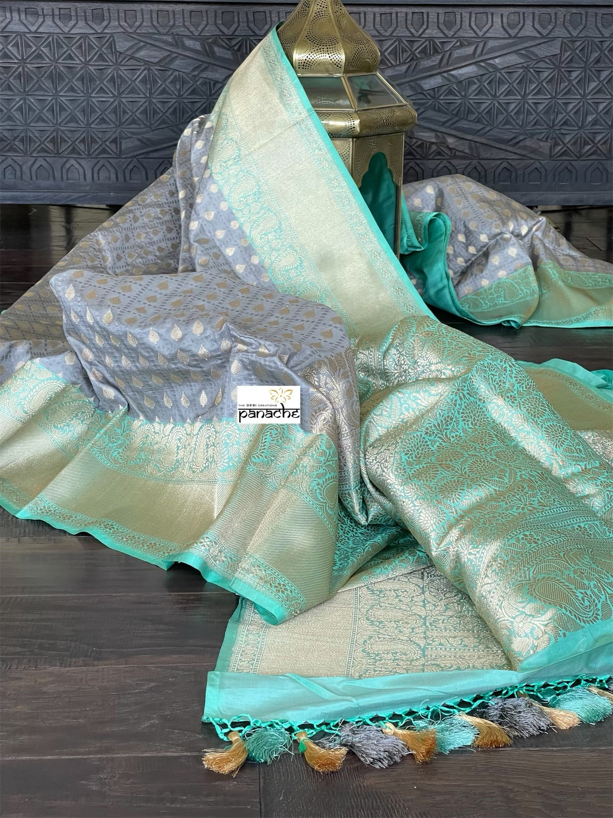 Pure Katan Silk Banarasi - Grey Sea Green Checkered