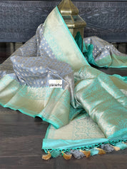 Pure Katan Silk Banarasi - Grey Sea Green Checkered