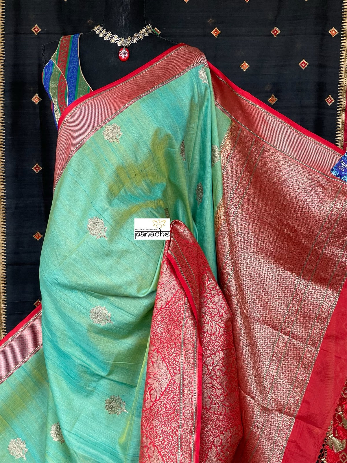 Pure Tassur Silk Banarasi - Sea Green Red
