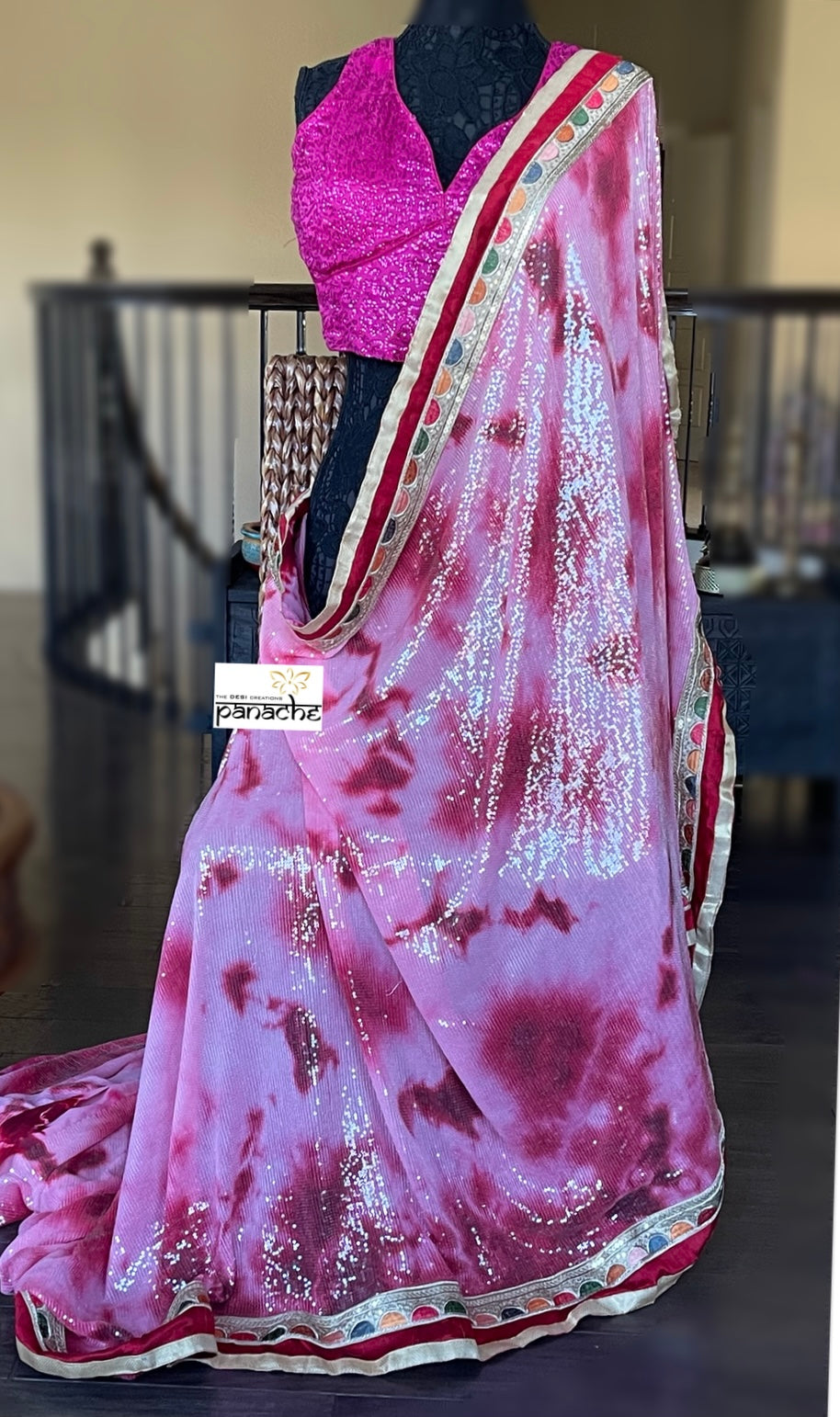 Designer Georgette Sequin Saree - Pink Raspberry red Tie Dye