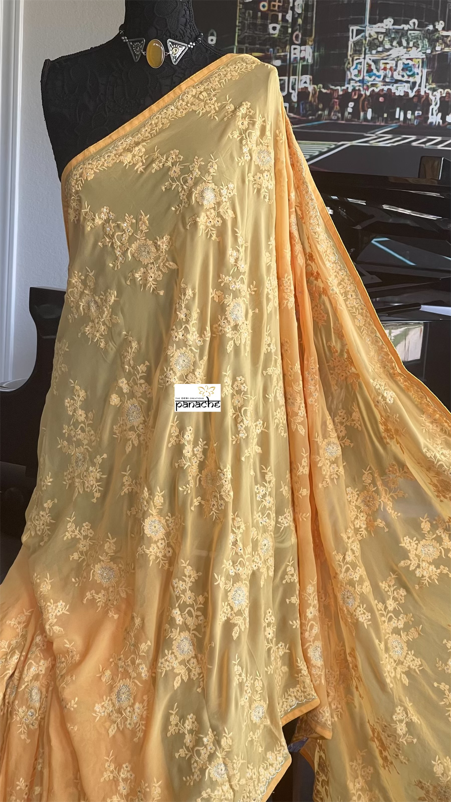 Designer Georgette Chikankari - Orange Yellow