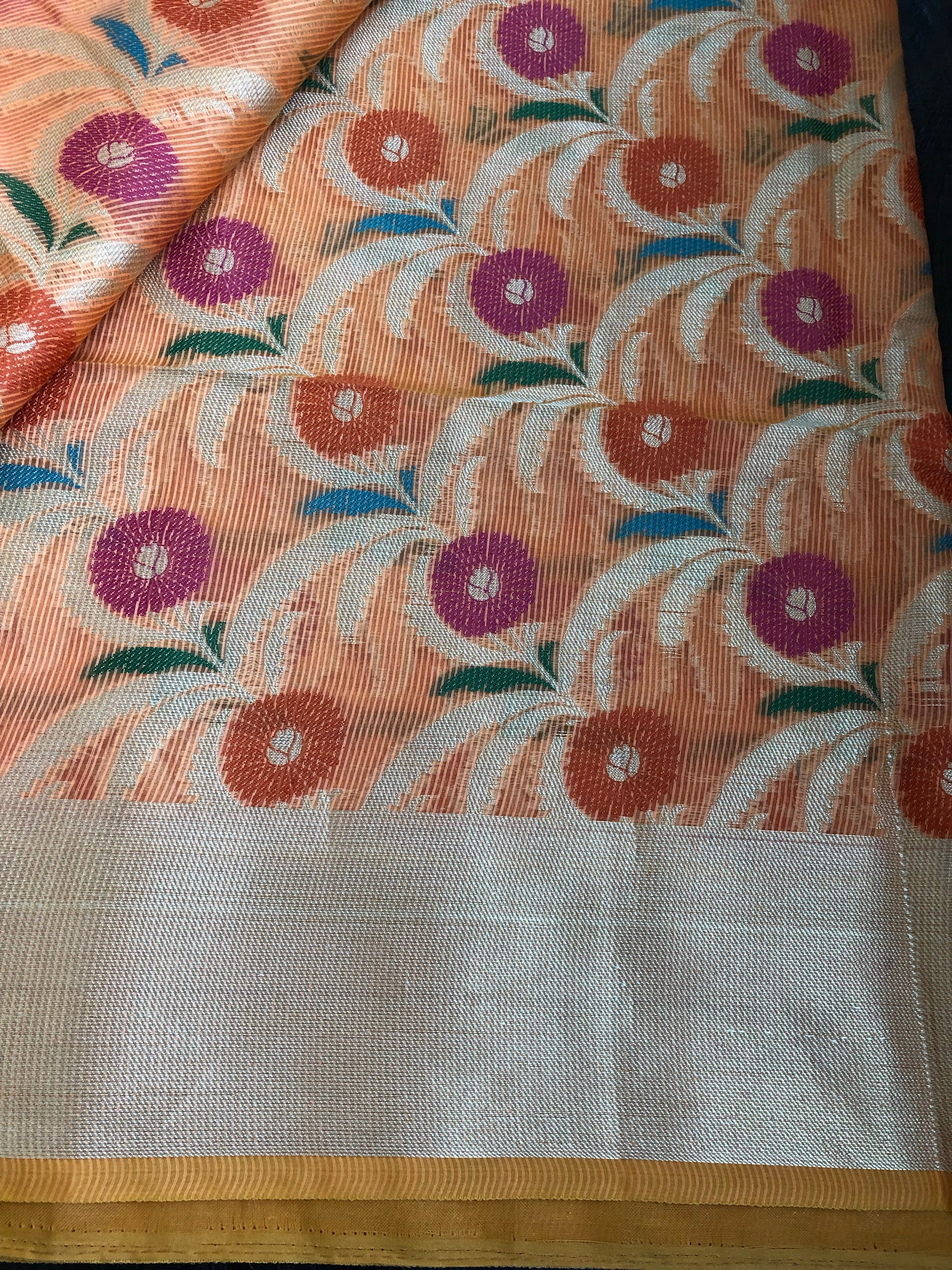 Kora Cotton Silk Saree - Tangerine Meenakari
