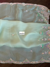 Designer Satin Organza - Mint Hand Embroidered