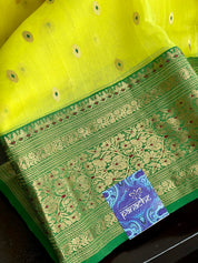 Pure Chanderi Organza Silk - Yellow Green Eknaliya Golden Zari