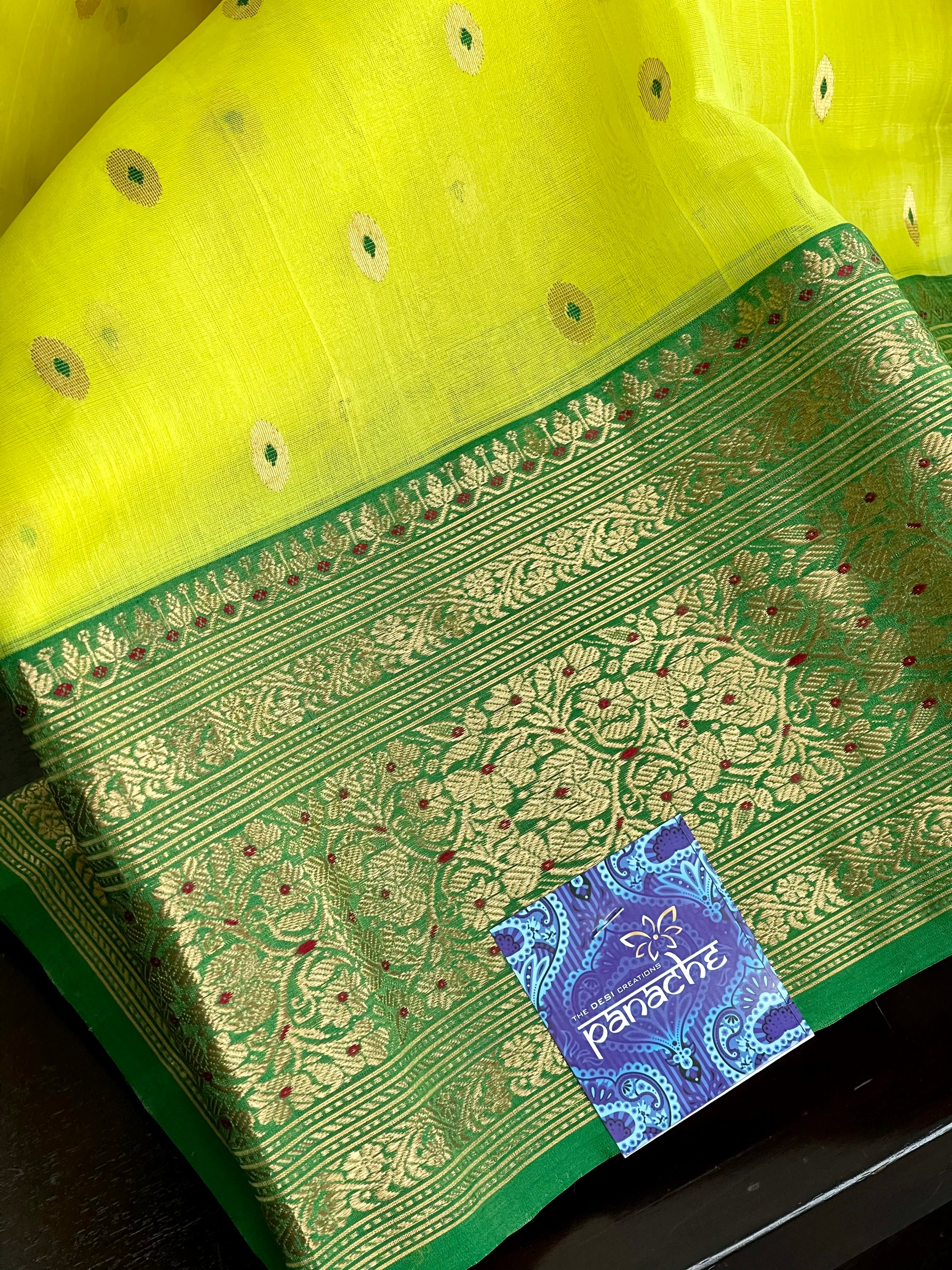 Pure Chanderi Organza Silk - Yellow Green Eknaliya Golden Zari