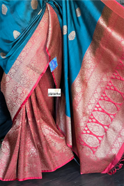 Tussar Silk Banarasi - Teal Blue Red Patli Pallu