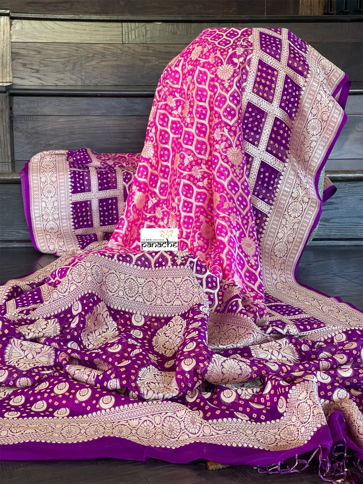 Bandhej Khaddi Georgette Banarasi - Pink Purple
