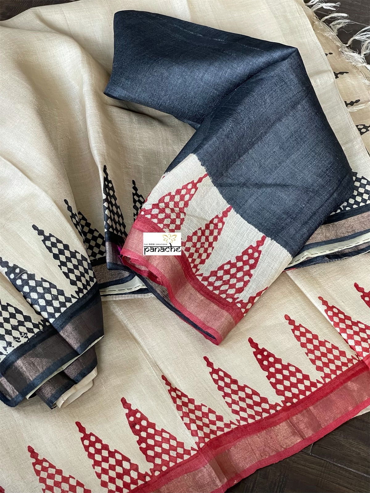 Pure Tussar Silk Printed -  Beige Red Black