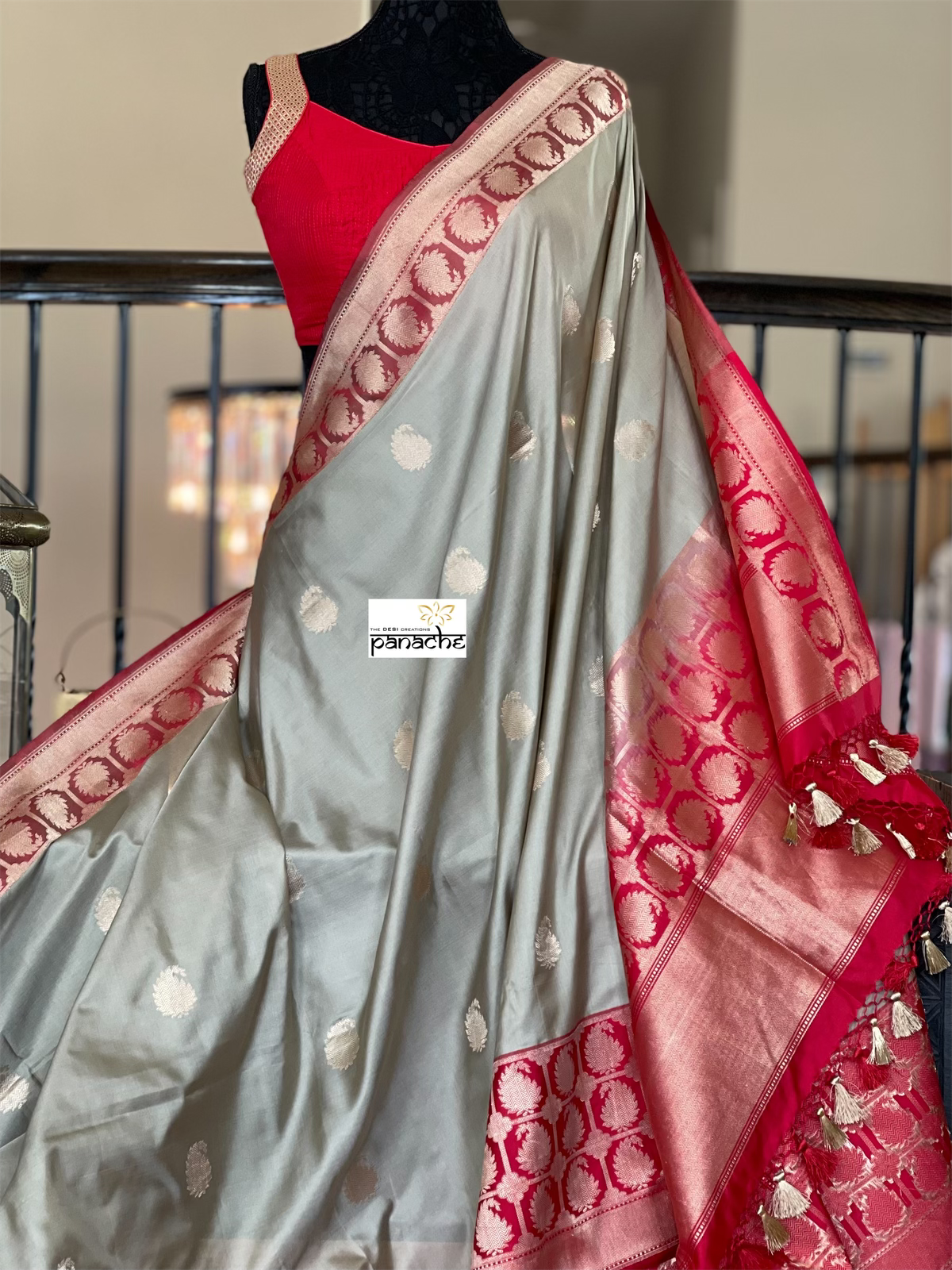Pure Katan Silk Banarasi - Grey Red