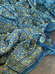 Silk Ajrakh - Persian Blue Ochre Yellow