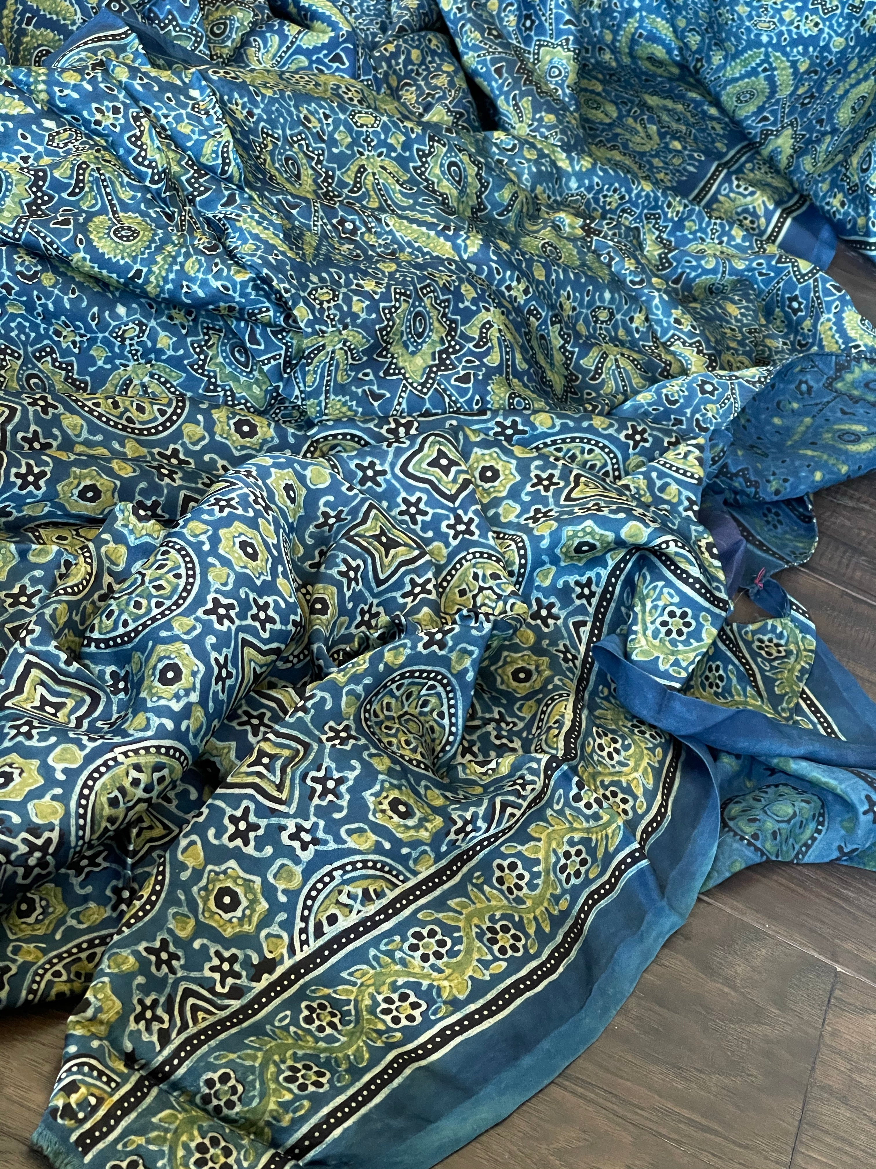 Silk Ajrakh - Persian Blue Ochre Yellow