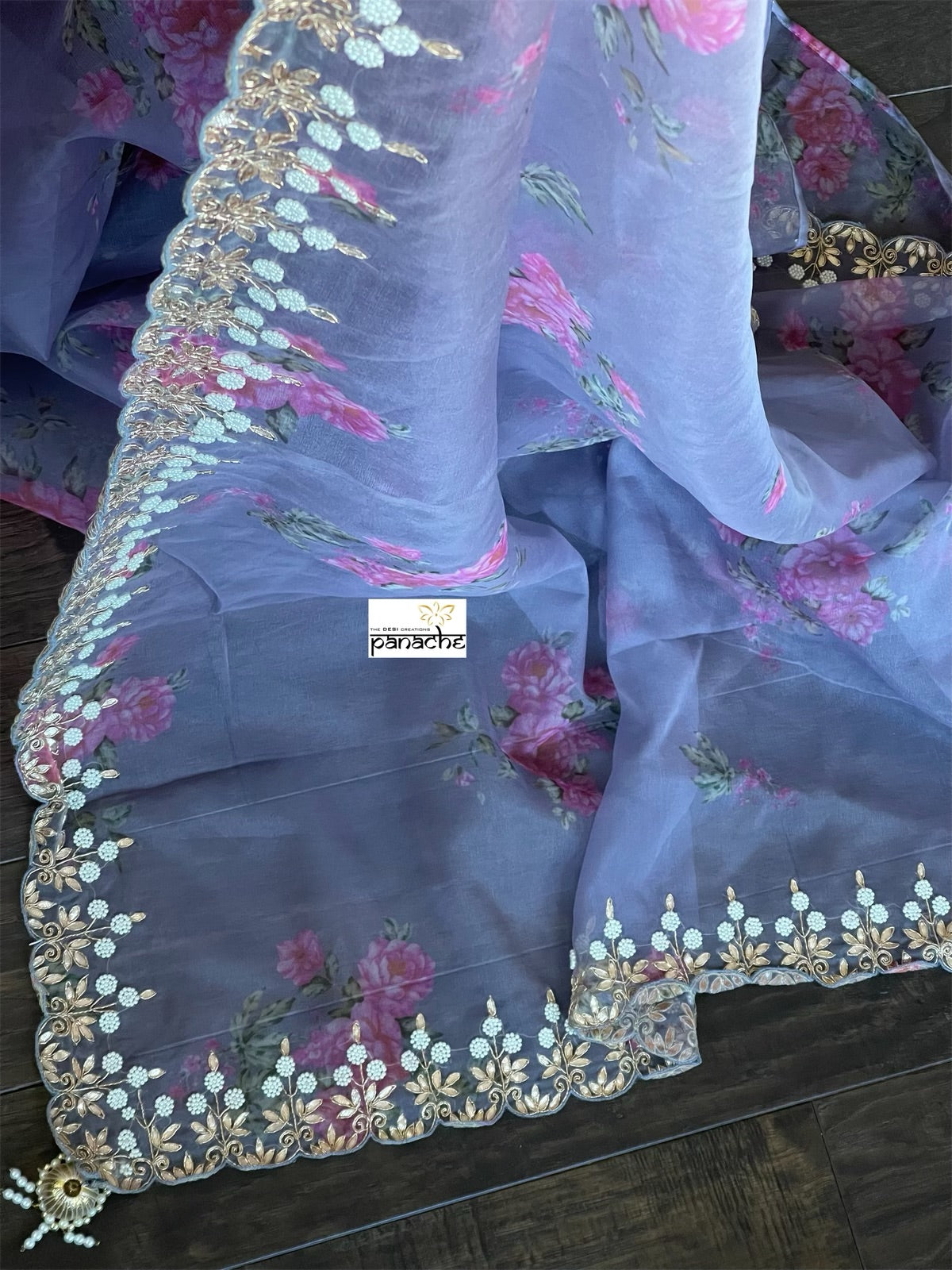 Designer Organza Floral - Bluish Grey Handwork Border