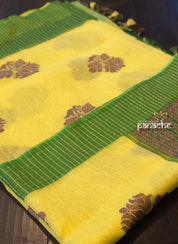 Linen Silk Banarasi - Yellow Green Antique Lotus