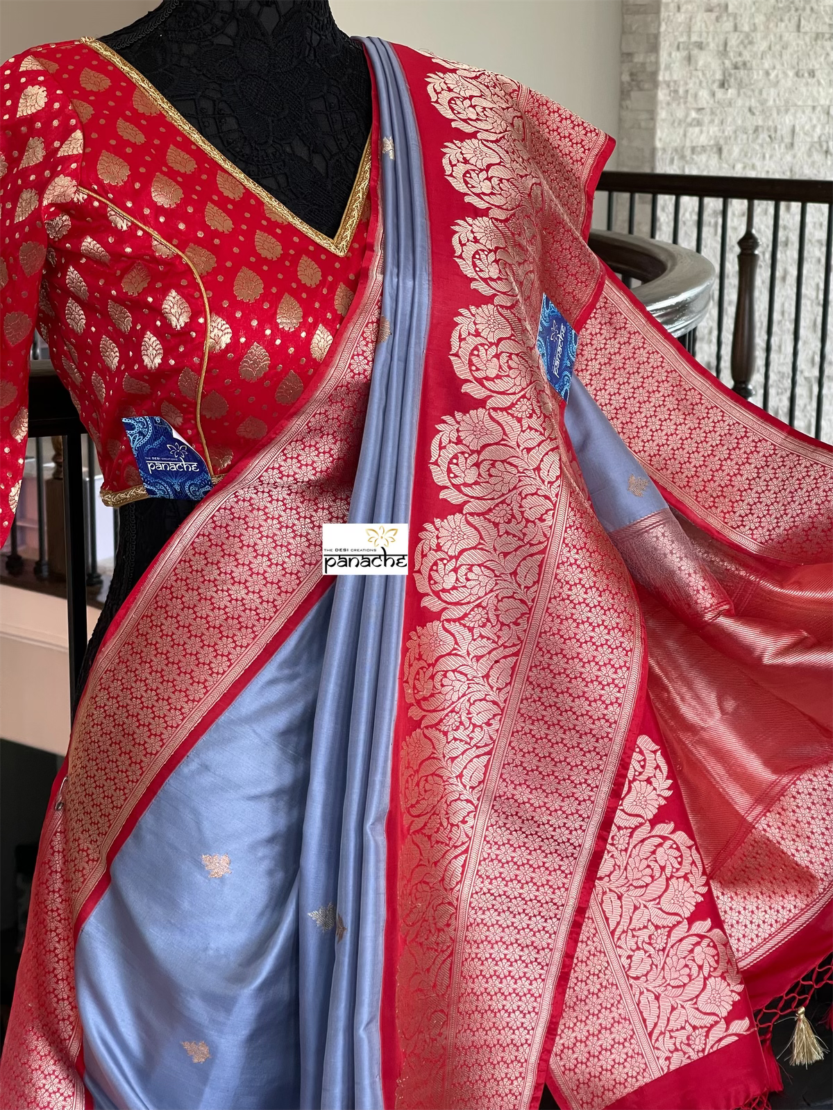 Katan Silk Banarasi - Bluish Grey Red