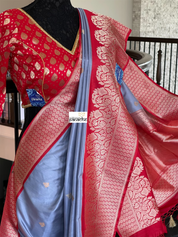 Katan Silk Banarasi - Bluish Grey Red