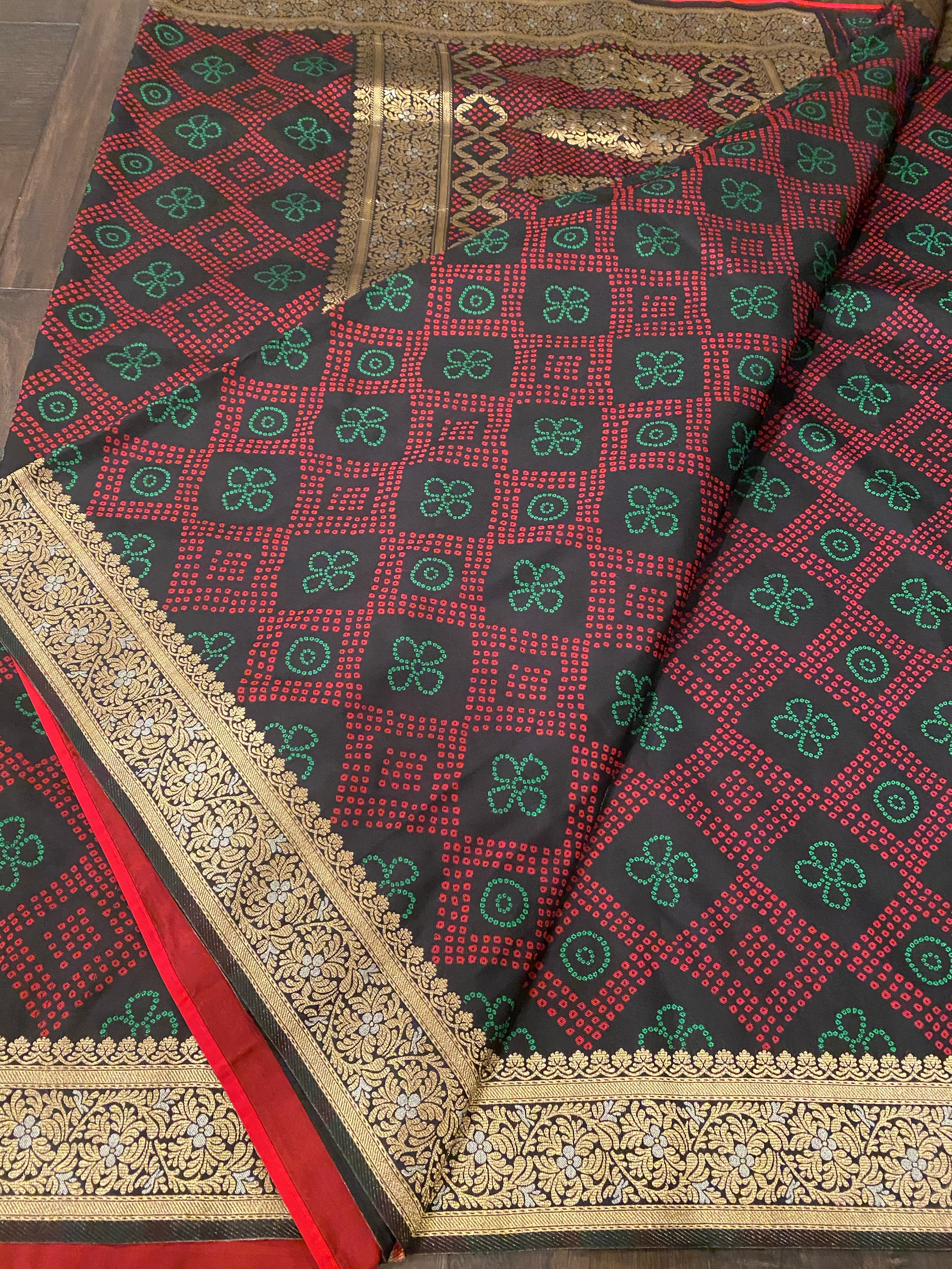 Soft Silk Bandhni Banarasi - Black Maroon Green