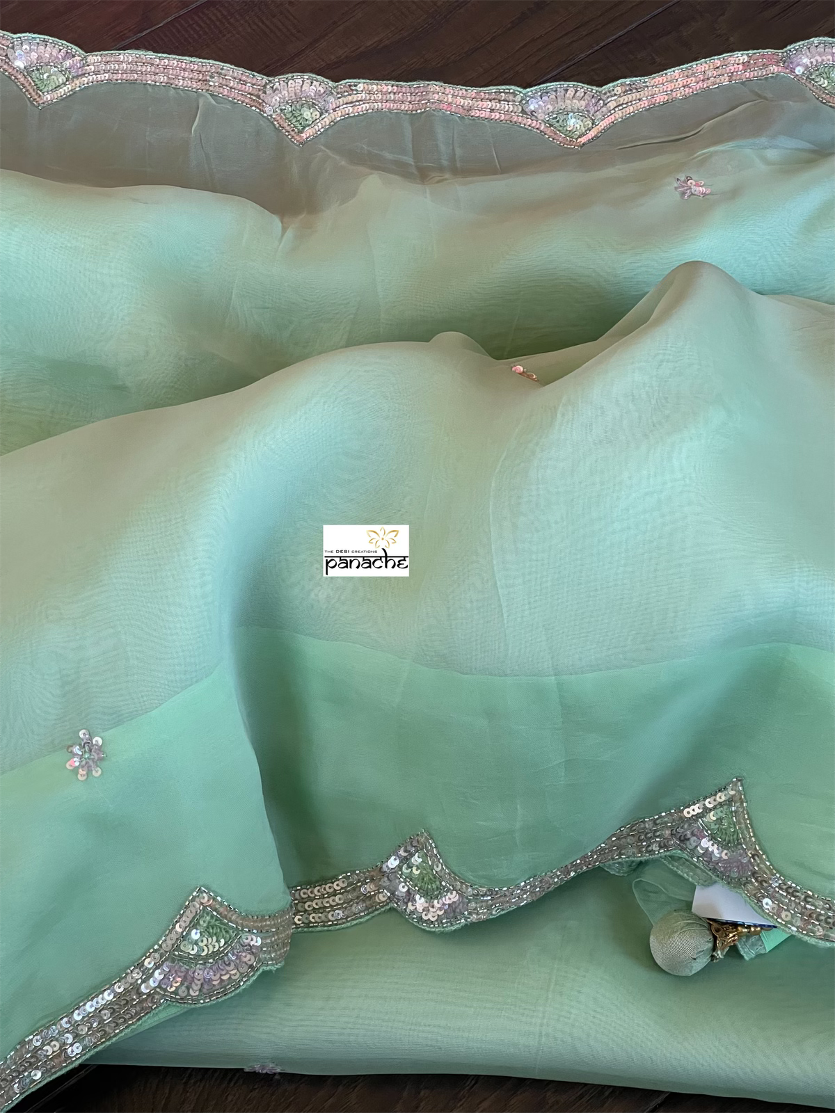 Designer Satin Organza - Mint Hand Embroidered