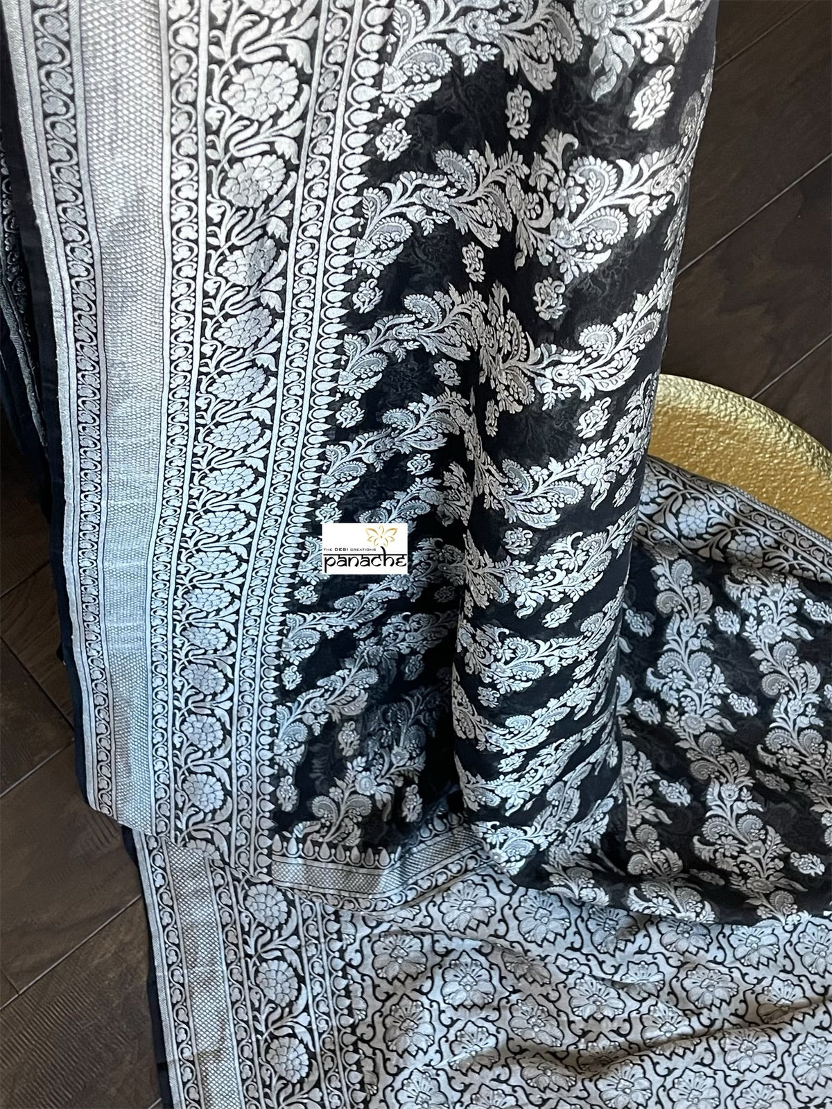 Khaddi Georgette Banarasi - Black Silver Zari