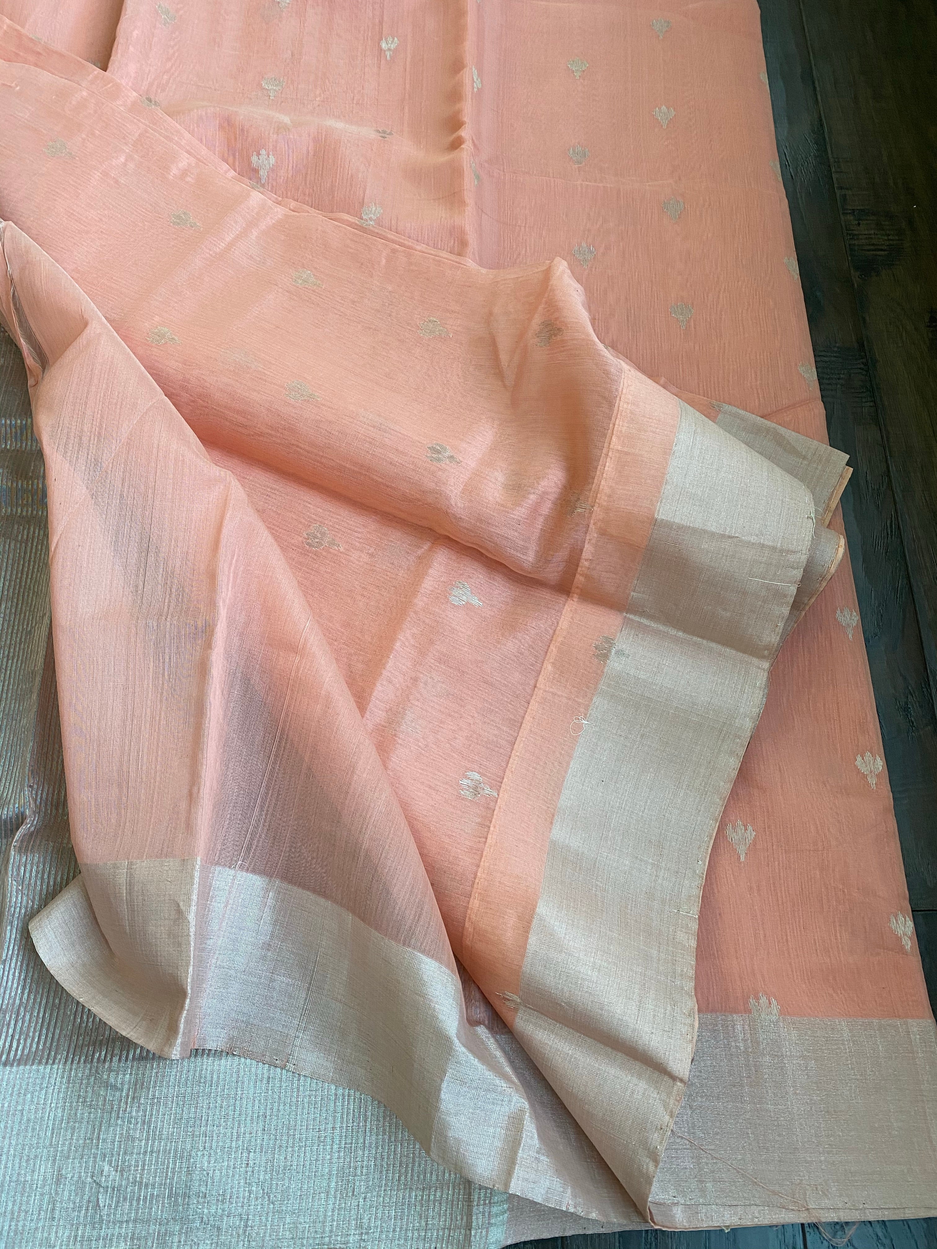 Chanderi Silk Cotton - Peach Silver Zari