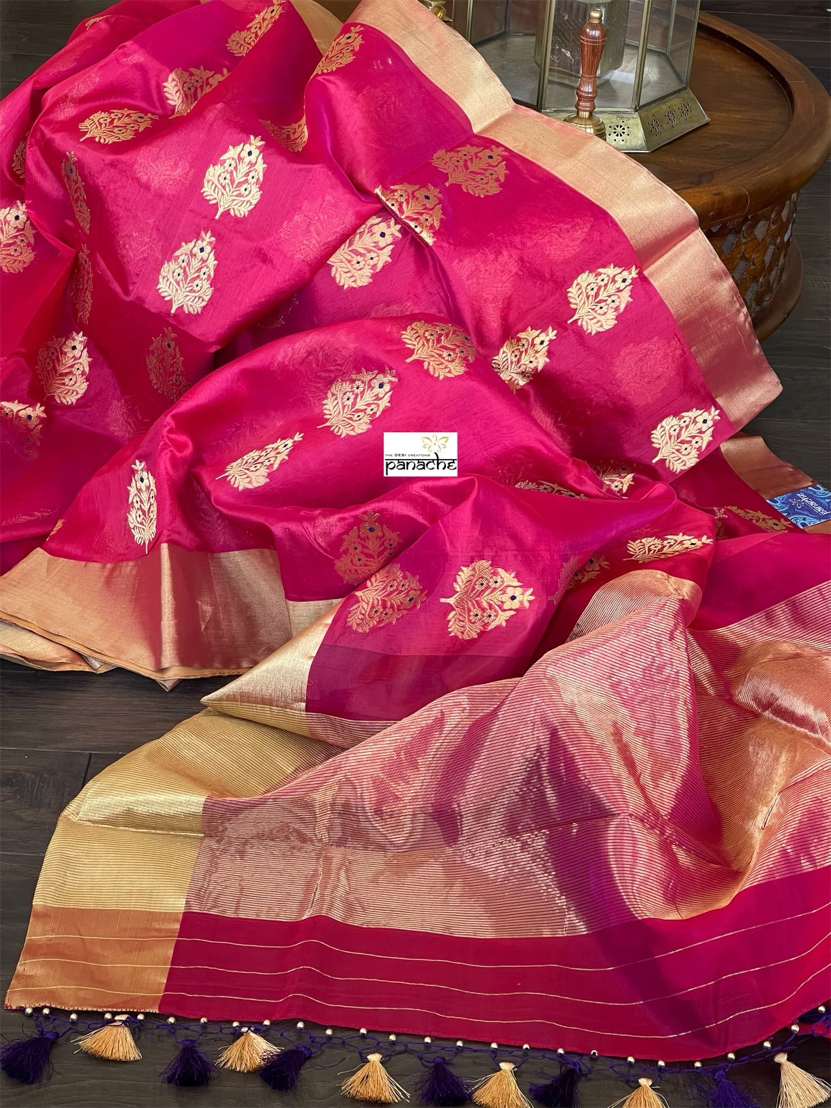 Pure Chanderi Pattu Silk - Magenta Pink Blue Iknaliya woven