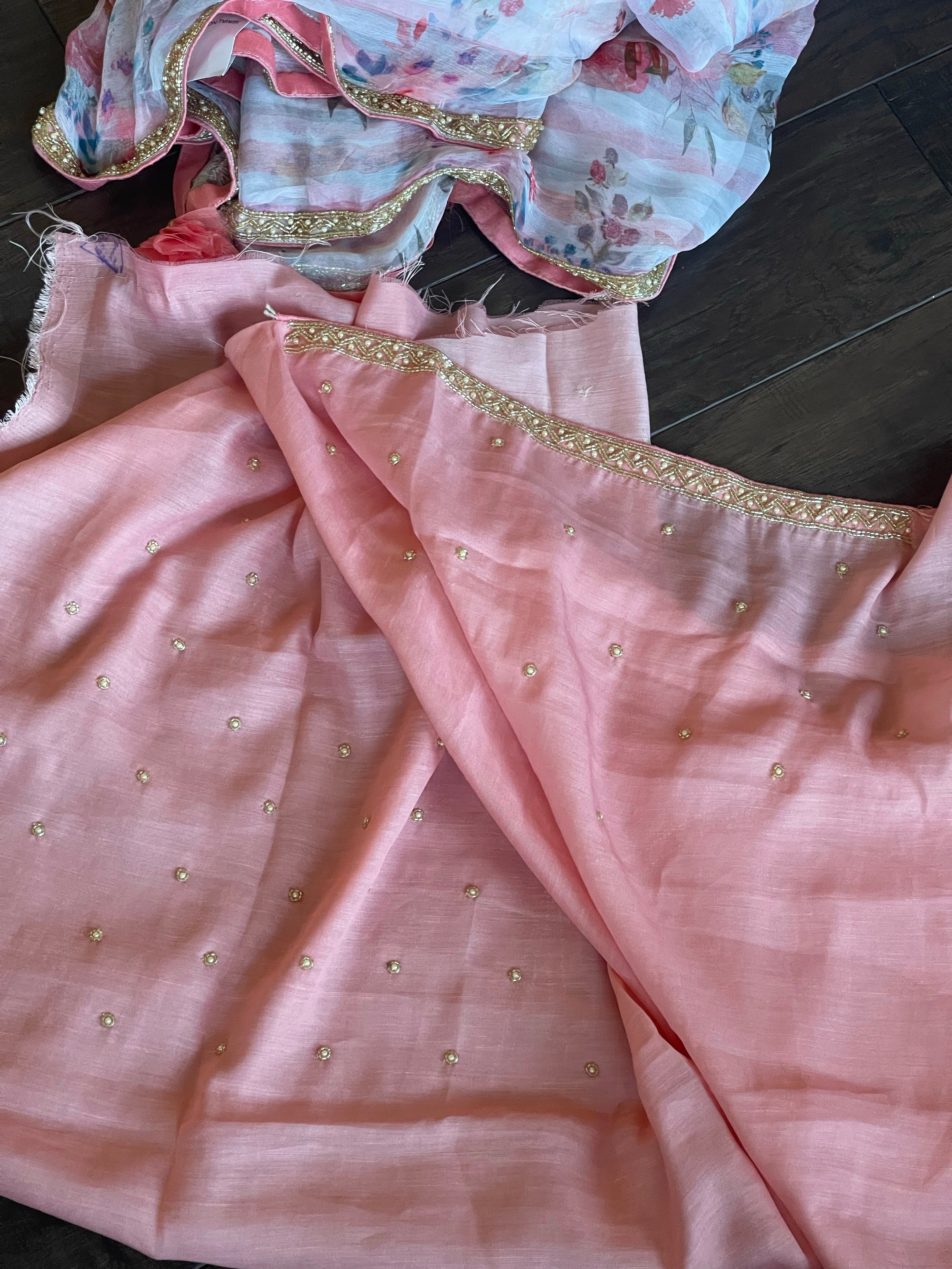 Designer Georgette Striped - Pink Floral