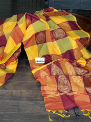 Soft Silk Kanjivaram - Yellow Maroon Checkered