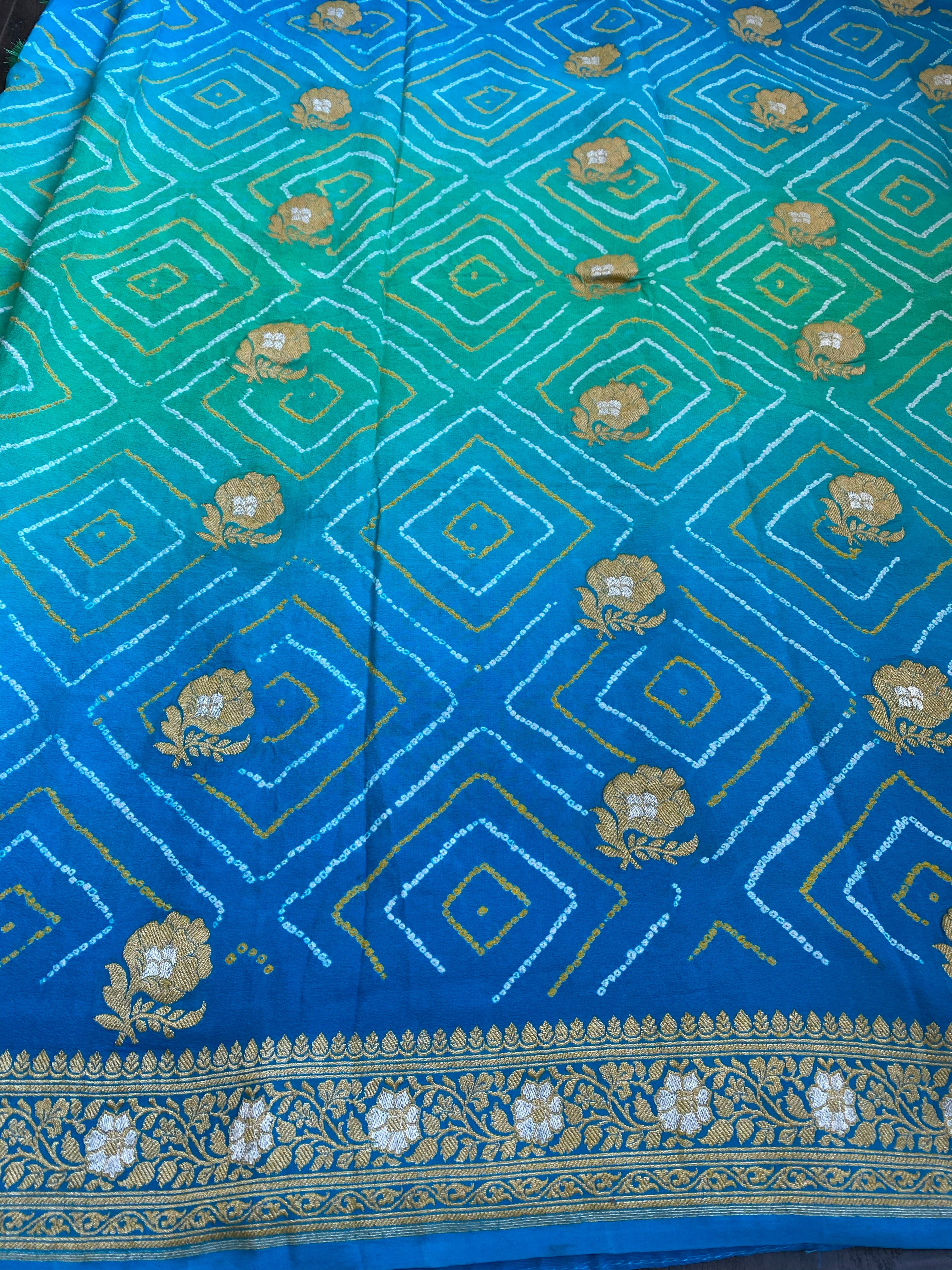 Bandhej Khaddi Georgette Banarasi - Firozi Sea Green Kadwa
