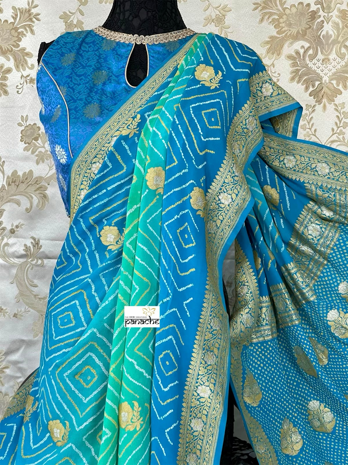 Bandhej Khaddi Georgette Banarasi - Firozi Sea Green Kadwa