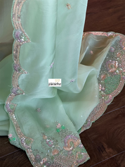 Designer Satin Organza - Mint Hand Embroidered