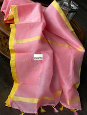 Pure Chanderi Organza Silk - Pink Yellow Checkered