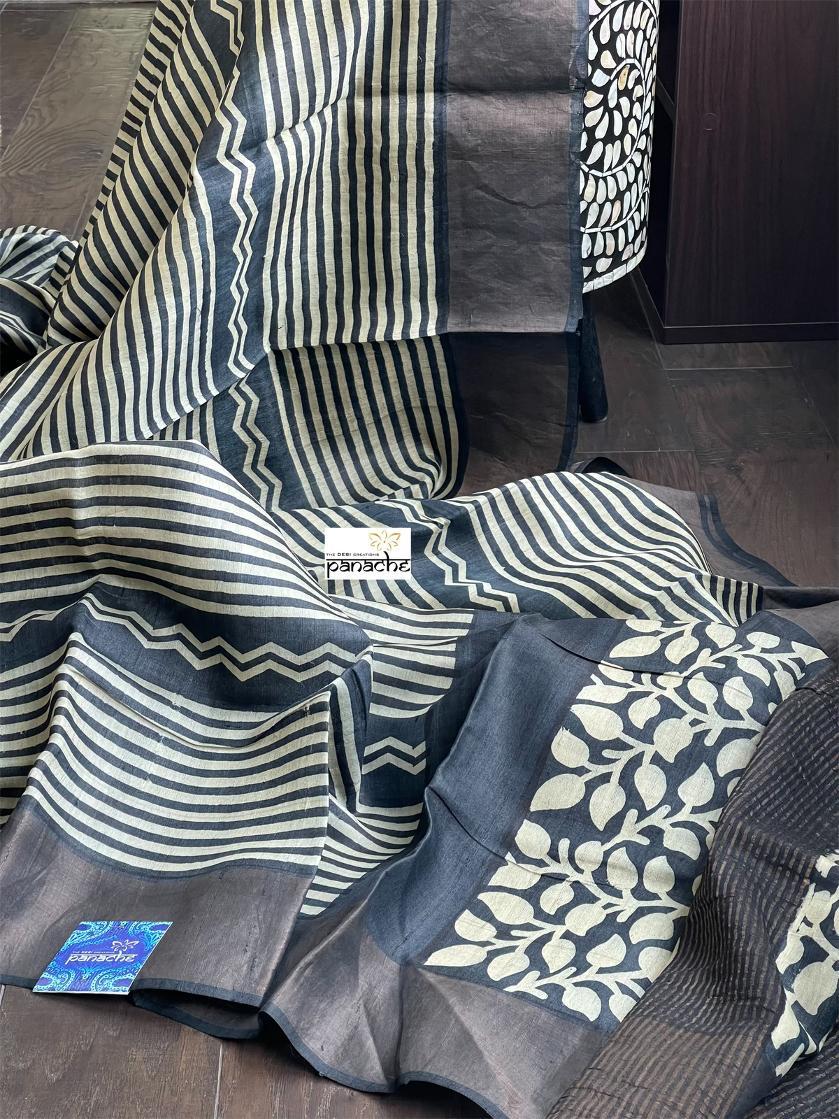 Pure Tussar Silk Printed -  Beige Black