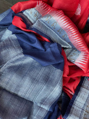 Tussar Georgette Banarasi - Red Navy Blue Kadwa