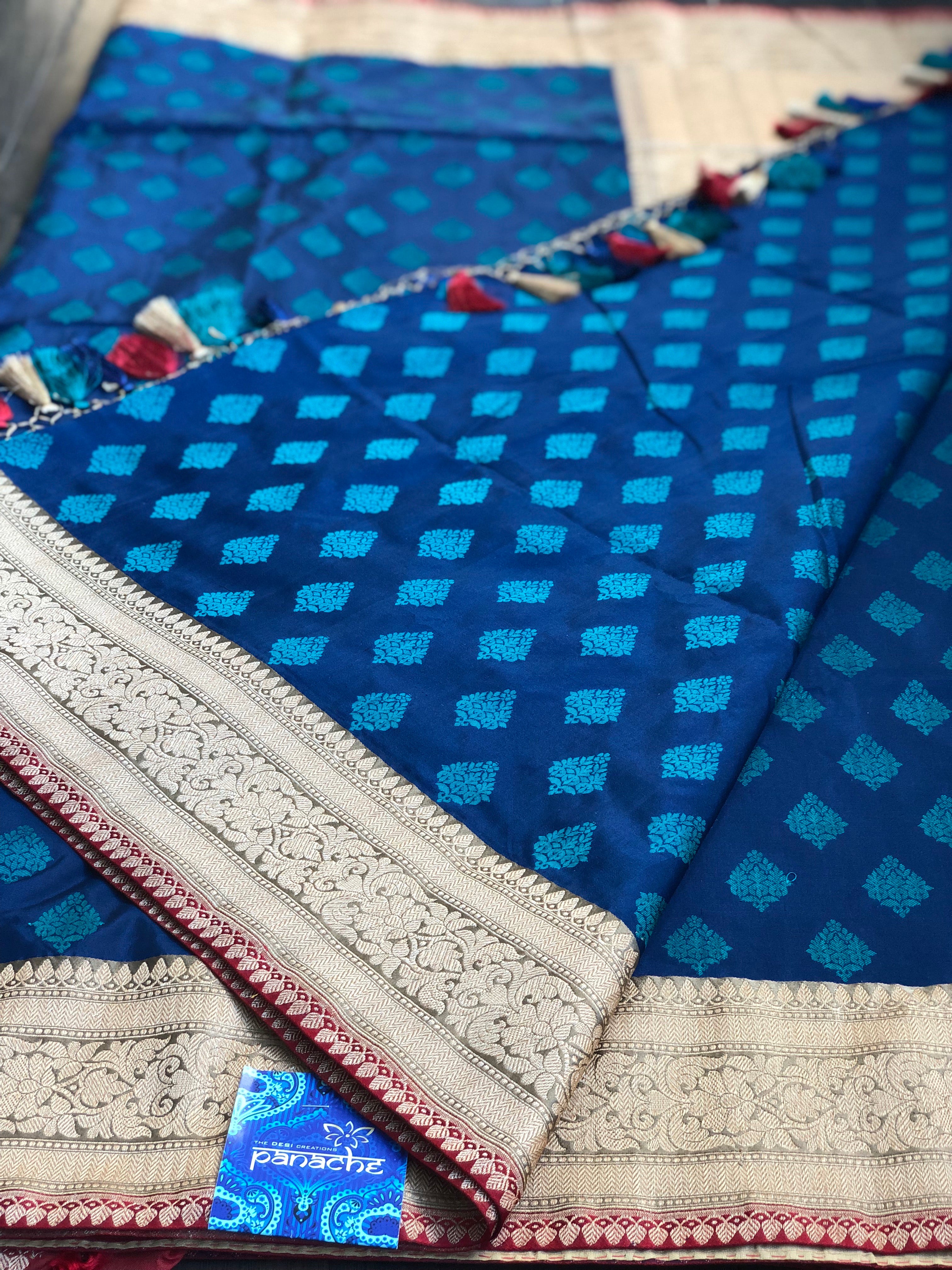 Pure Katan Silk Banarasi - Blue Firozi Antique Zari