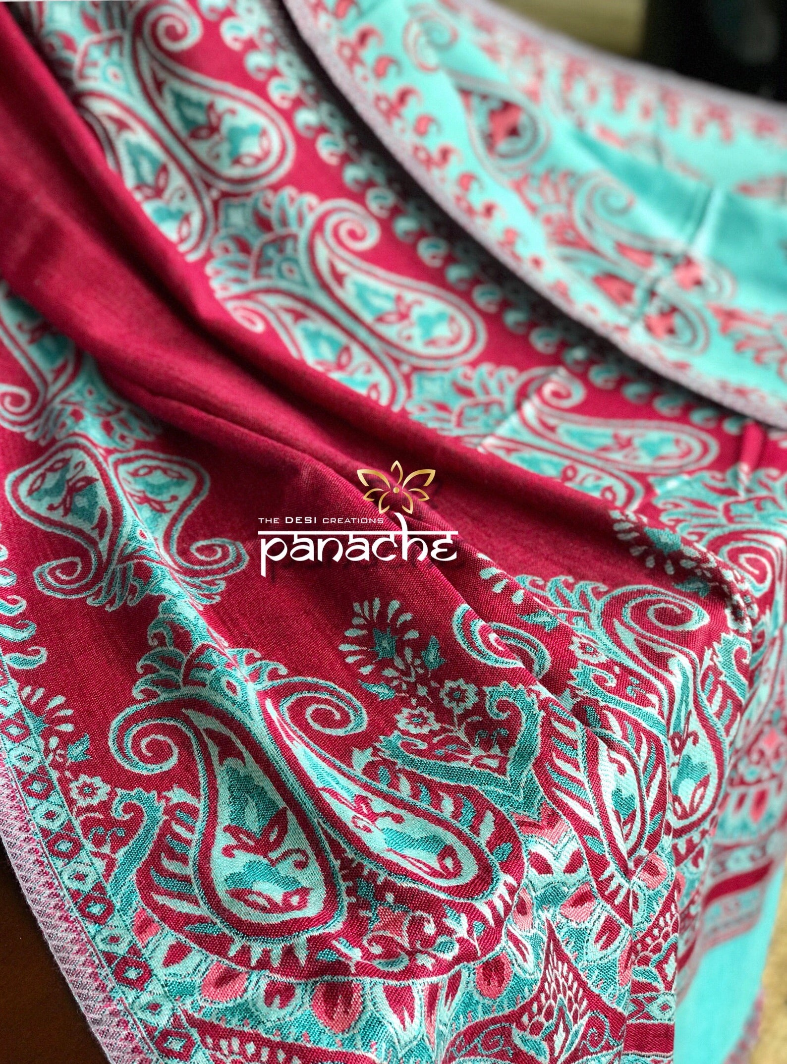 Jamavar Wool Stole - Aqua Blue Maroon Reversible