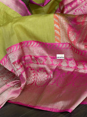 Pure Kora by Katan Silk Banarasi - Pista Green Pink Kadwa Woven