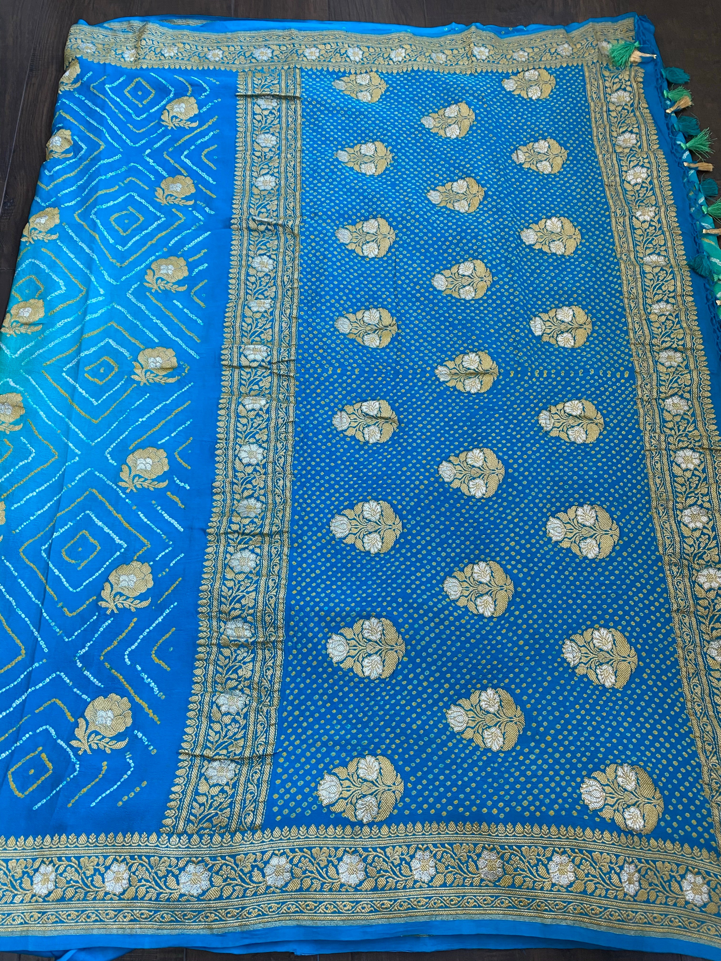 Bandhej Khaddi Georgette Banarasi - Firozi Sea Green Kadwa