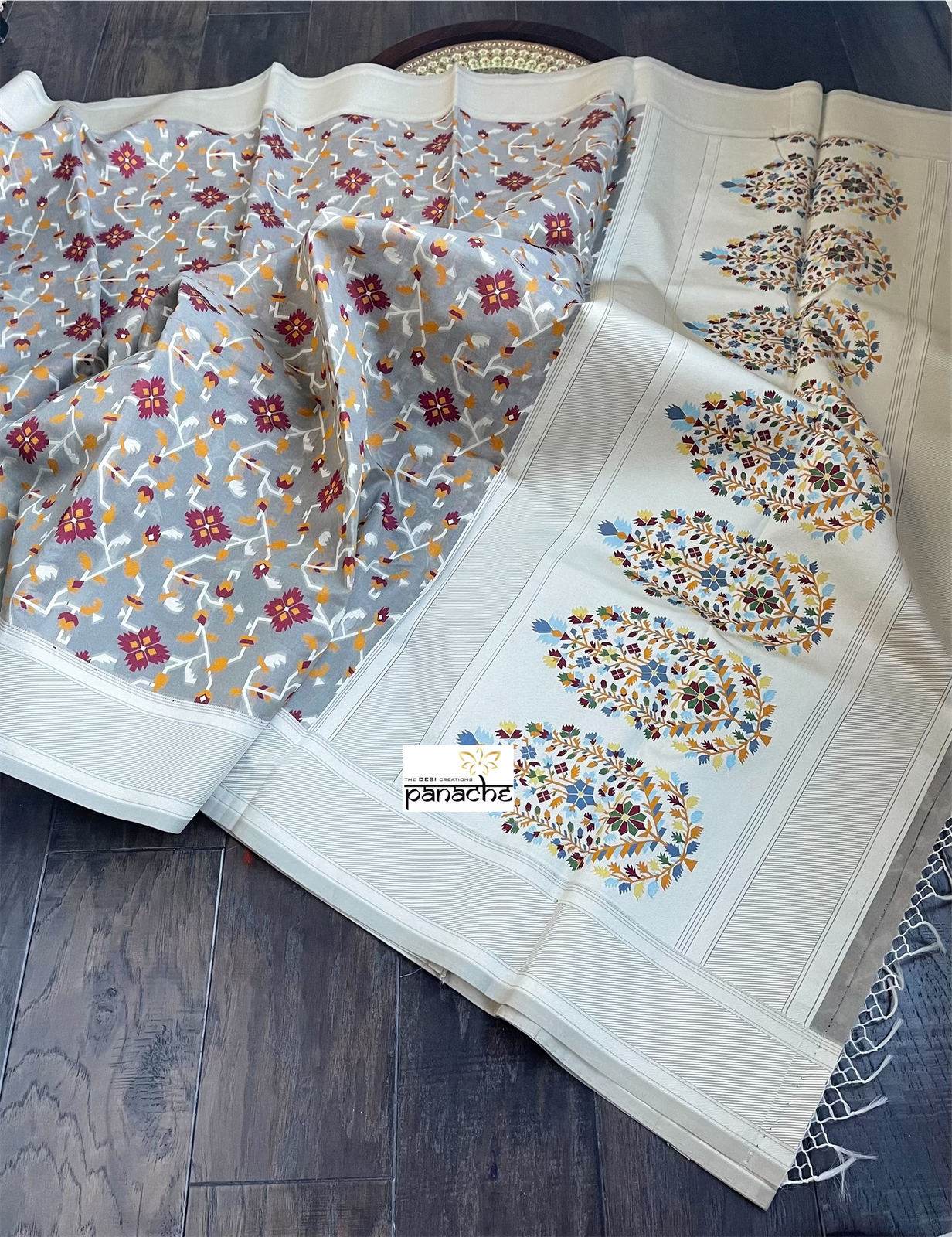 Kora Resham Woven - Grey Maroon